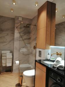 La salle de bains est pourvue d'une douche, de toilettes et d'un lavabo. dans l'établissement Business Apartment Płock, à Płock