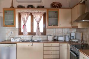 cocina con fregadero y 2 ventanas en Villa Sofita, en Pitsidia