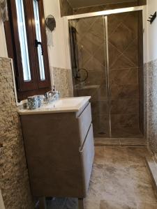 ein Bad mit einem Waschbecken und einer Dusche in der Unterkunft Lake House Anemona in Buhalniţa