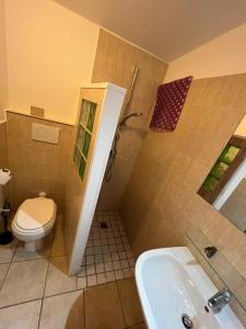 uma casa de banho com um WC, um chuveiro e um lavatório. em SeaView Apartments 79 em Palau
