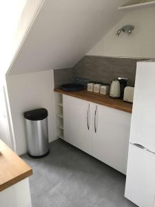 uma cozinha com armários brancos e uma lata de lixo em The Bolthole em Limekilns
