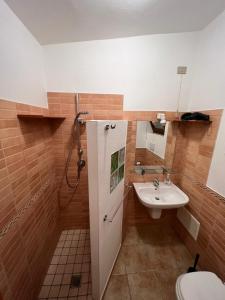 La petite salle de bains est pourvue d'un lavabo et de toilettes. dans l'établissement SeaView Apartments 80, à Palau