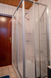 eine Dusche mit Glastüren im Bad in der Unterkunft Ferienwohnung Beate in Alsfassen