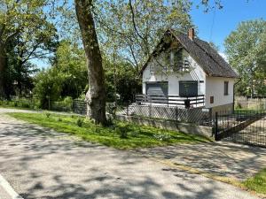 a white house with a tree next to a street at LaBoum Balatonszemes in Balatonszemes