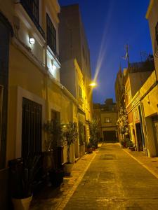 Une allée avec des bâtiments et des plantes en pot la nuit dans l'établissement Doña Josefina y Don Simón, à Almería