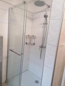 W łazience znajduje się prysznic ze szklanymi drzwiami. w obiekcie Urlaub am Bauernhof - Zettlerhof Apartment 