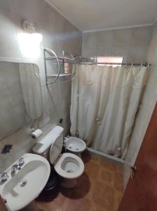 a bathroom with a toilet and a sink and a shower at Complejo Las Pinochas in Villa Ventana