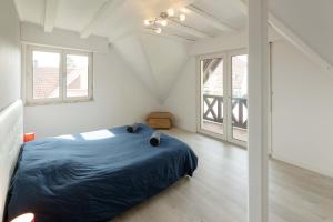 1 dormitorio con 1 cama azul en una habitación con ventanas en Villa Centre Alsace, en Sélestat 29 fotos más