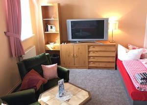 ein Wohnzimmer mit einem TV und einem Sofa in der Unterkunft Gasthof "Zum Schloss" in Berßel