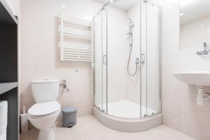 a bathroom with a shower and a toilet and a sink at City of the Kings-Camomile Apartment in Krakow