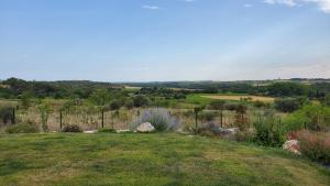 un champ d'herbe avec une clôture et des fleurs dans l'établissement 'Au Coeur des Vignes' - private apartment & garden, à Magalas 14 autres photos