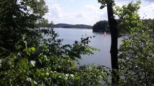 vistas a un lago con barcos en el agua en Ferienwohnung Beate, en Alsfassen