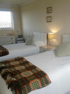 a hotel room with two beds and a window at Groeslon Ty Mawr B & B in Llanddeiniolen