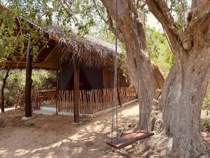 a swing hanging from a tree in front of a house at Ranakeliya Lodge - Yala in Yala