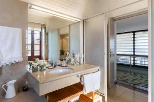 a bathroom with a sink and a large mirror at Villa with private pool and garden by Go2oporto in Terroso