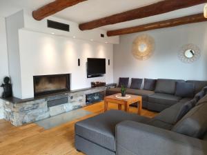 un soggiorno con divano e camino di Les GITES DE CAMPARAN - gîte "le GRAND CHALET AVEC SPA ET SAUNA" a Camparan