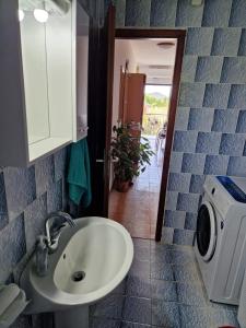 a bathroom with a sink and a washing machine at Apartment Opaćac Veli Iž in Veli Iž