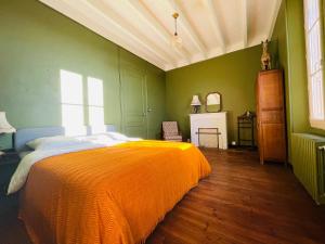 ラ・クレッシュにあるMaison de maître aux portes du Marais poitevinの緑の壁のベッドルーム1室(オレンジ色のベッド1台付)