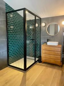bagno con doccia, lavandino e specchio di Gîte au pied de la Cité Médiévale - Le 127 a Carcassonne