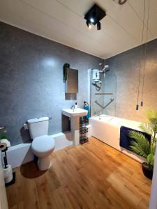 a bathroom with a toilet and a sink and a tub at VALE VIEW APARTMENT, Prestatyn, North Wales - a smart and stylish, dog-friendly holiday let just a 5 min walk to beach & town! in Prestatyn