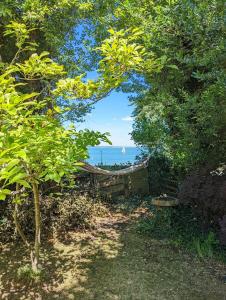 a view of the ocean from a garden with a boat at Cliffside in Cowes