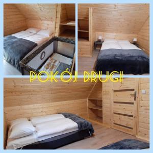 two pictures of a bedroom with two beds and a desk at Morskie Sarbinowo in Sarbinowo +18 photos