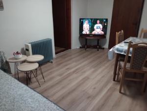 un soggiorno con TV, tavolo e sedie di Apartmani Dunav Apatin a Apatin