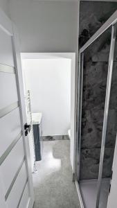 baño con ducha a ras de suelo y puerta de cristal en West Shore Apartment by Seaside Llandudno en Llandudno