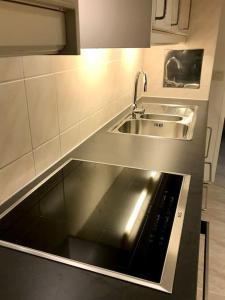 a small kitchen with a sink and a sink at Near VIC Austria Center, 90sqm, 3BR, LR, Kitchen, 6min to VIC, 10min to City U1 in Vienna