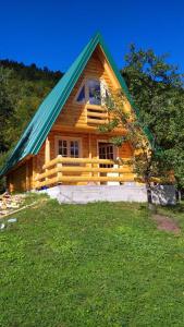domek z bali z zielonym dachem w obiekcie Etno house Bajka w mieście Žabljak