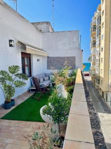 a patio with grass and plants in a building at GATU PREMIUM ático Caleta in Cádiz