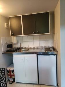 a kitchen with white cabinets and a sink at Agréable et paisible studio in Franqueville-Saint-Pierre