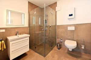 巴特諾因阿爾－阿爾韋勒的住宿－Quartier Oberhut，带淋浴、卫生间和盥洗盆的浴室