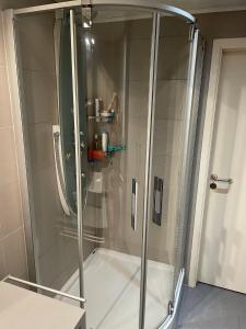 y baño con ducha y mampara de cristal. en Bristol Palace Seaview 7e verdieping, 30 meter van strand, en Blankenberge