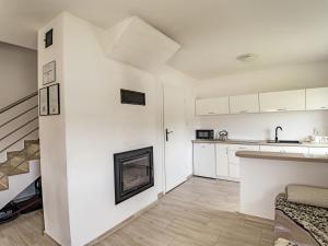 a kitchen and living room with a fireplace at Domki u Henia 330A in Wysowa-Zdrój