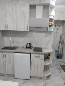 a white kitchen with a sink and a counter at Apart hotel Alex in Yerevan