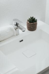 La salle de bains est pourvue d'un lavabo avec un robinet et une plante. dans l'établissement Studio Ernest Chamalières Calme Parking Gratuit, à Chamalières