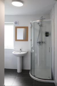 a bathroom with a shower and a sink at Eco-lodge with hottub + 2 wc in Elie