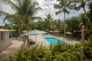 una piscina con sombrillas y palmeras en Pousada Ponta de Mangue, en Maragogi