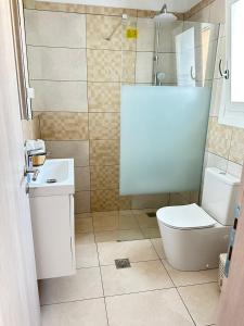 uma casa de banho com um WC, um lavatório e um chuveiro em Leo House Kea em Korissia