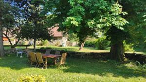 Calme et confort à la campagne en Bourgogne vinicole, : طاولة وكراسي تحت شجرة في ساحة