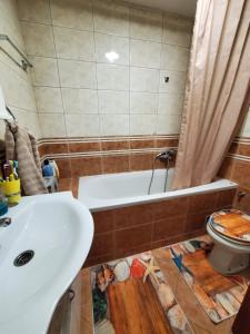 La salle de bains est pourvue d'un lavabo, d'une baignoire et de toilettes. dans l'établissement EXIT apartment Novi Sad 68m2, à Novi Sad
