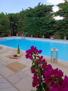 Celestial Azure Villa, your Athenian Country House Retreat في مركوبوولو: طاولة مع الزهور الأرجوانية بجوار حمام السباحة