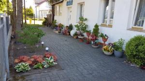 a brick walkway with potted plants in front of a building at POMERANIA Pokoje U Oliwii in Rewal