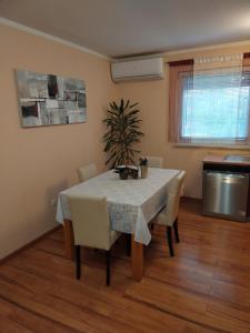 uma mesa de jantar com cadeiras e uma planta em Apartman Grbić em Vodnjan