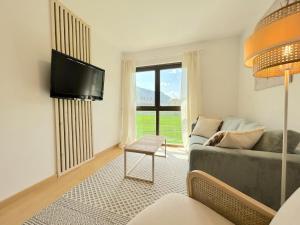 a living room with a couch and a tv at Apartament de disseny rústic amb vistes by RURAL D'ÀNEU in Esterri d'Àneu