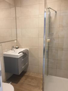 W łazience znajduje się umywalka i prysznic. w obiekcie de minnetuin w mieście Wachtebeke