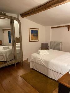 a bedroom with two beds and a large mirror at Rue Basse - village house overlooking the Pyrenees in Montréal