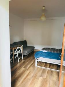 a bedroom with a bed and a couch and a table at Zen Hostel in Cluj-Napoca