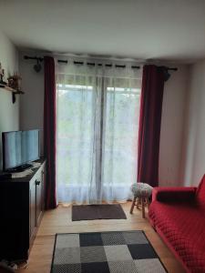 a living room with a red couch and a large window at La Casetta di Mariangela in Camporosso in Valcanale